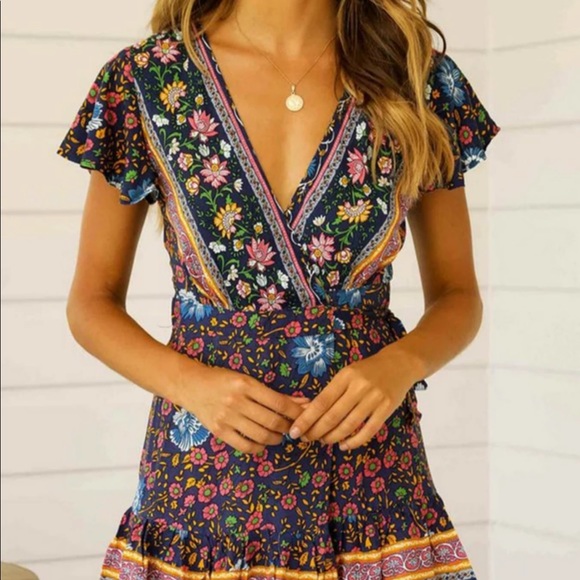 Dresses & Skirts - Navy Blue Boho Floral Gypsy Print Wrap Dress
